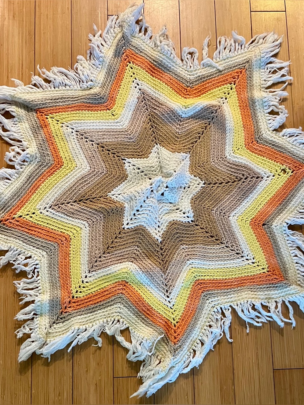 Handmade Star-Shaped Crochet Throw 4’ in Cream, Tan, Yellow & Orange.